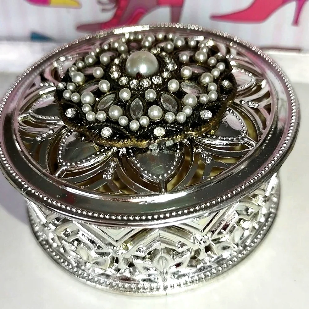 Silver Fancy Round Jeweled Container w/ Embellished Lid